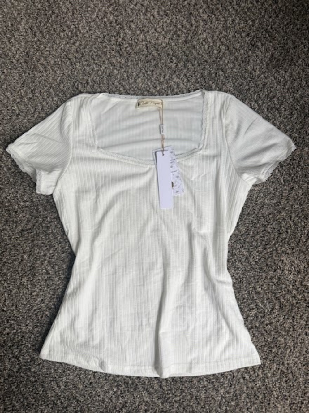 Women's White Ribbed Square-Neck Short Sleeve Tee